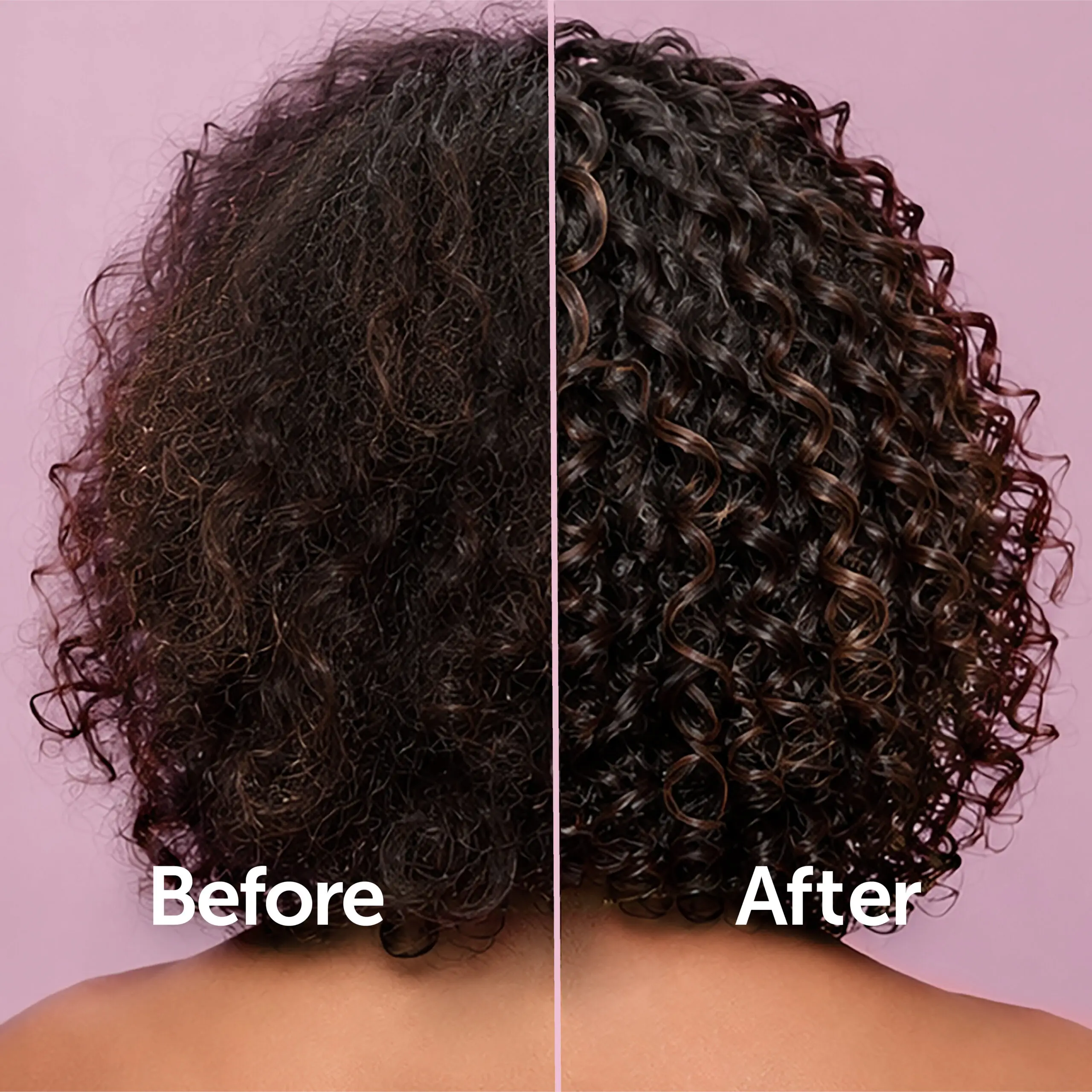 Before and after comparison of dark brown curly hair showing smoother curl definition after