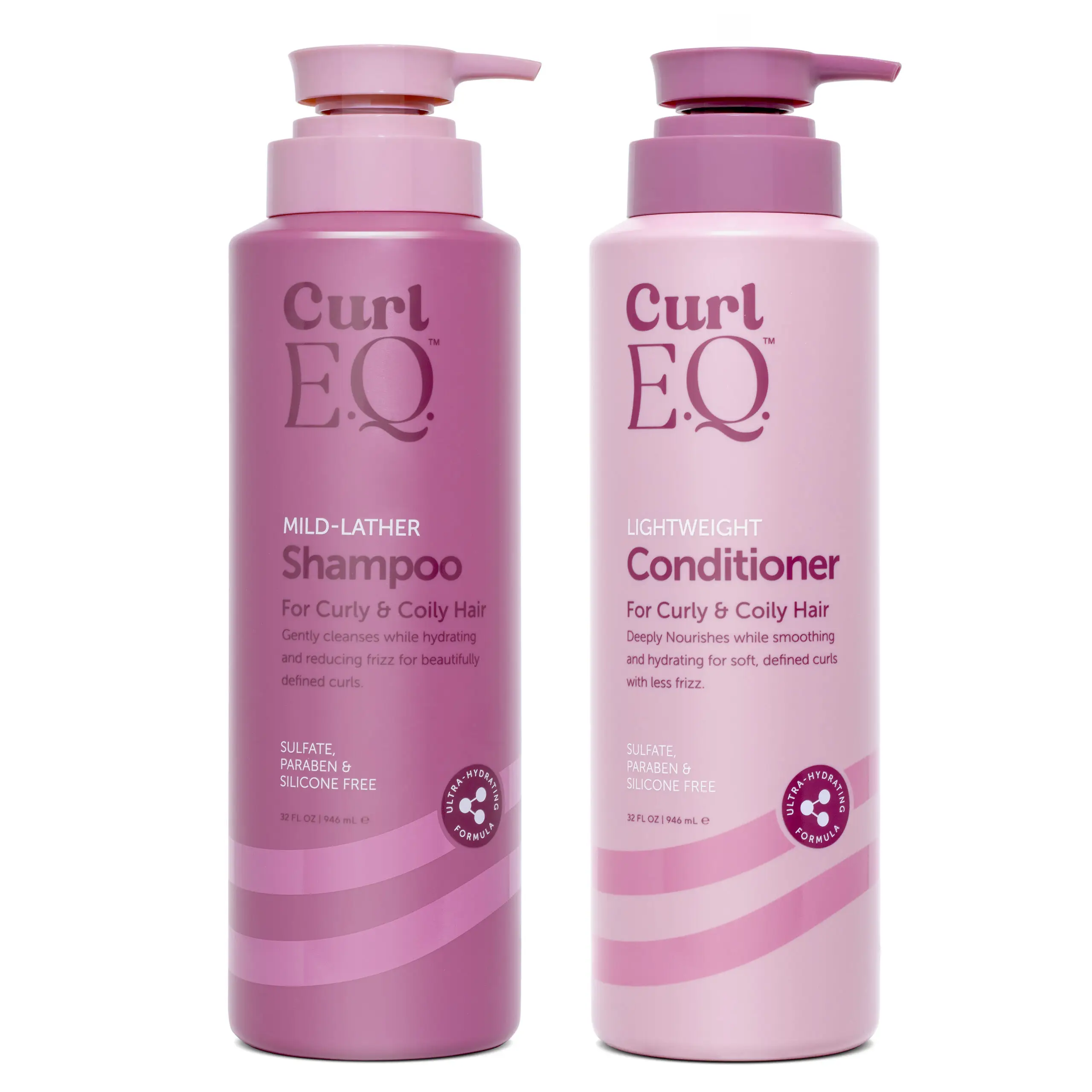 Front view of CurlEQ shampoo and conditioner bottles