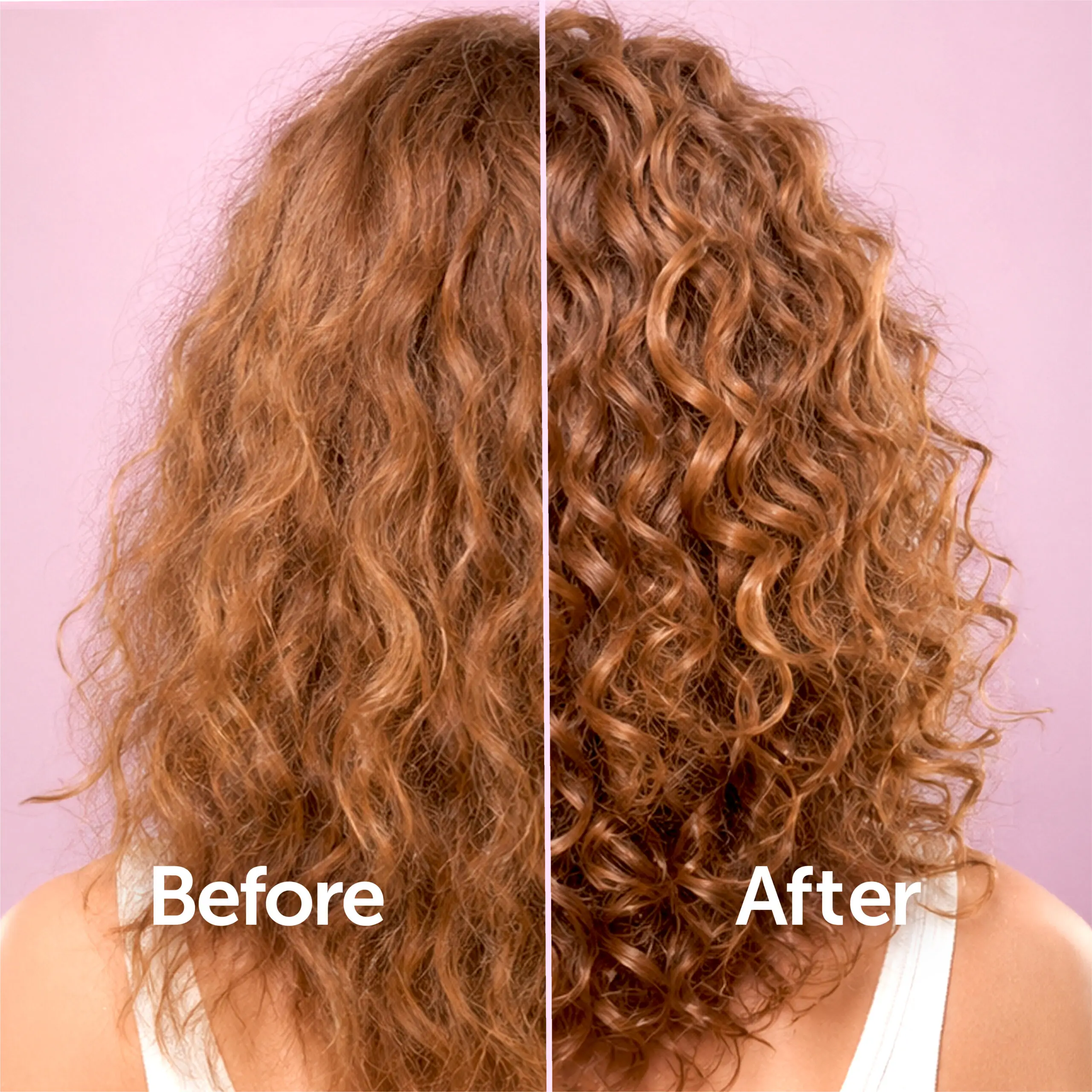 Before and after comparison showing curly hair transformation with smoother, more defined curls after using CurlEQ products