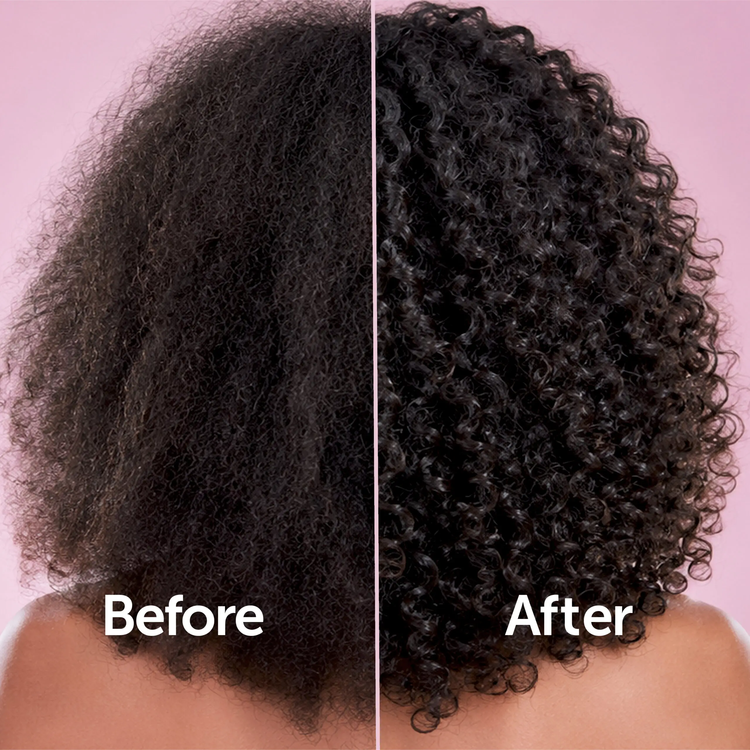 Before and after comparison of dark curly hair showing frizz before and smoother defined curls after