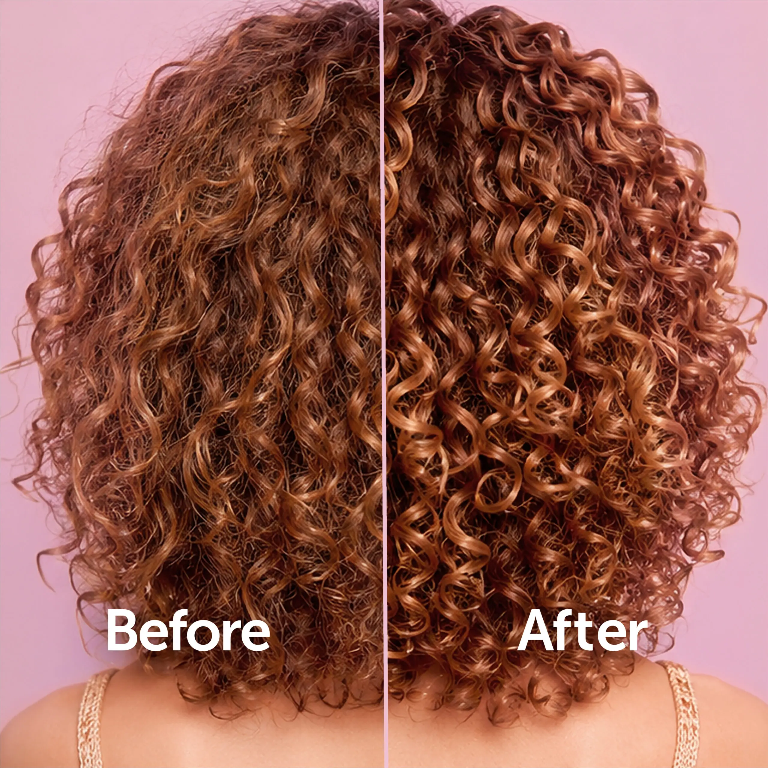 Before and after comparison of copper curly hair showing softer more defined curls after